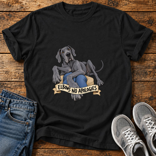 Elbows No Apologies Great Dane graphic T-shirt in Black, shown on a flat-lay shirt mockup