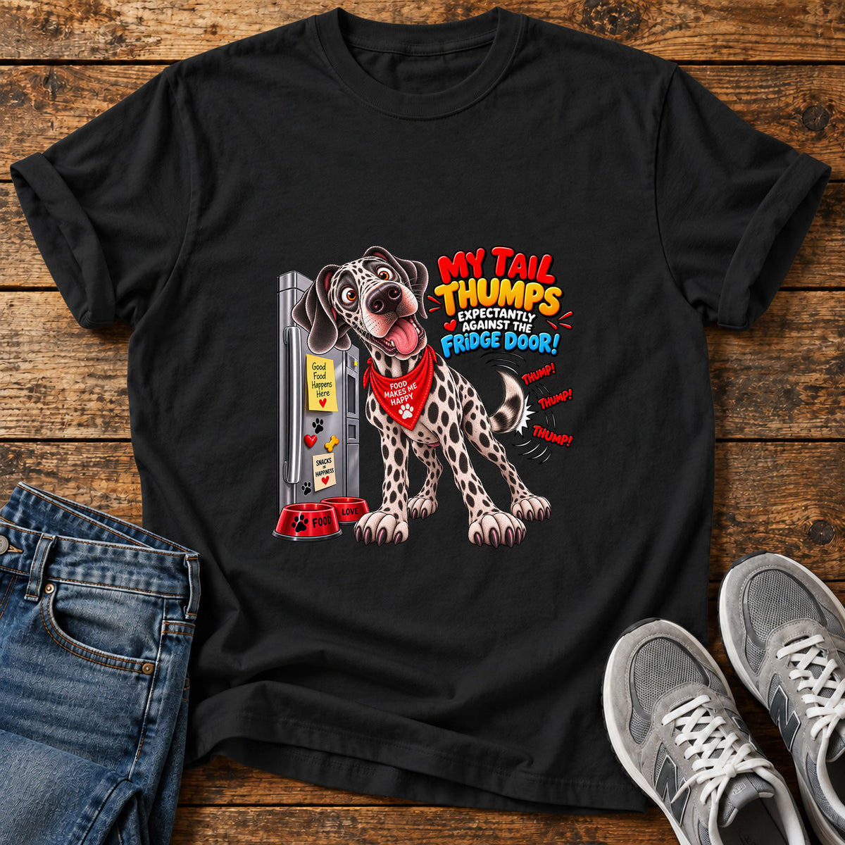 My Tail Thumps Great Dane graphic T-shirt in Black, shown on a flat-lay shirt mockup