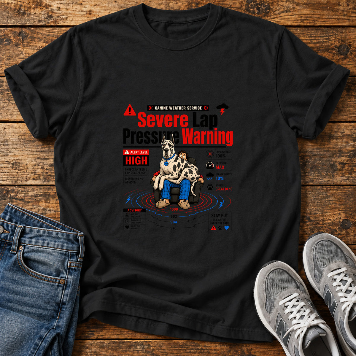 Severe Lap Warning Great Dane graphic T-shirt in Black, shown on a flat-lay shirt mockup