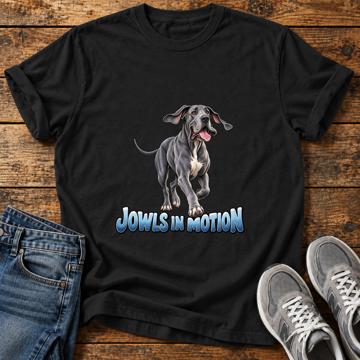 Jowls In Motion Great Dane graphic T-shirt in Black, shown on a flat-lay shirt mockup