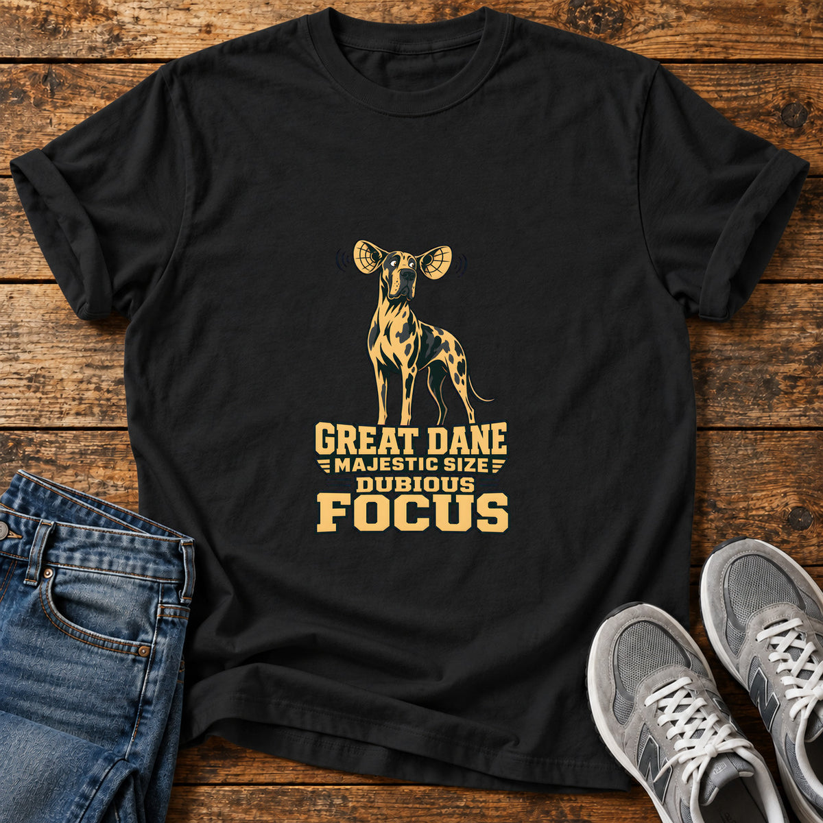 Dubious Focus Great Dane graphic T-shirt in Black, shown on a flat-lay shirt mockup