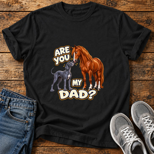 Are You Dad Great Dane graphic T-shirt in Black, shown on a flat-lay shirt mockup