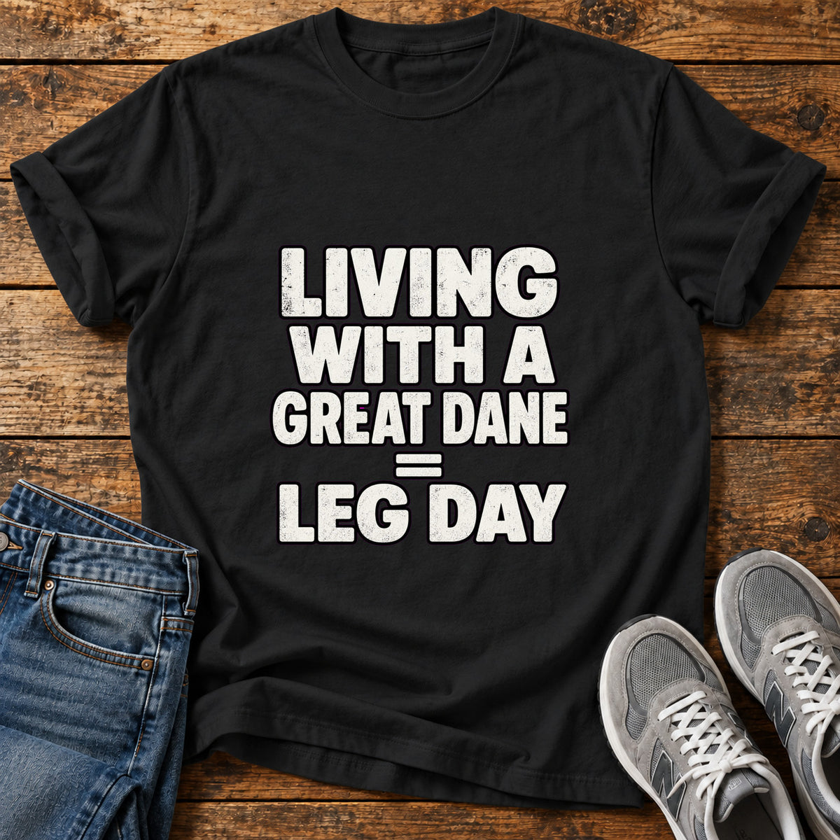 Great Dane Leg graphic T-shirt in Black, shown on a flat-lay shirt mockup