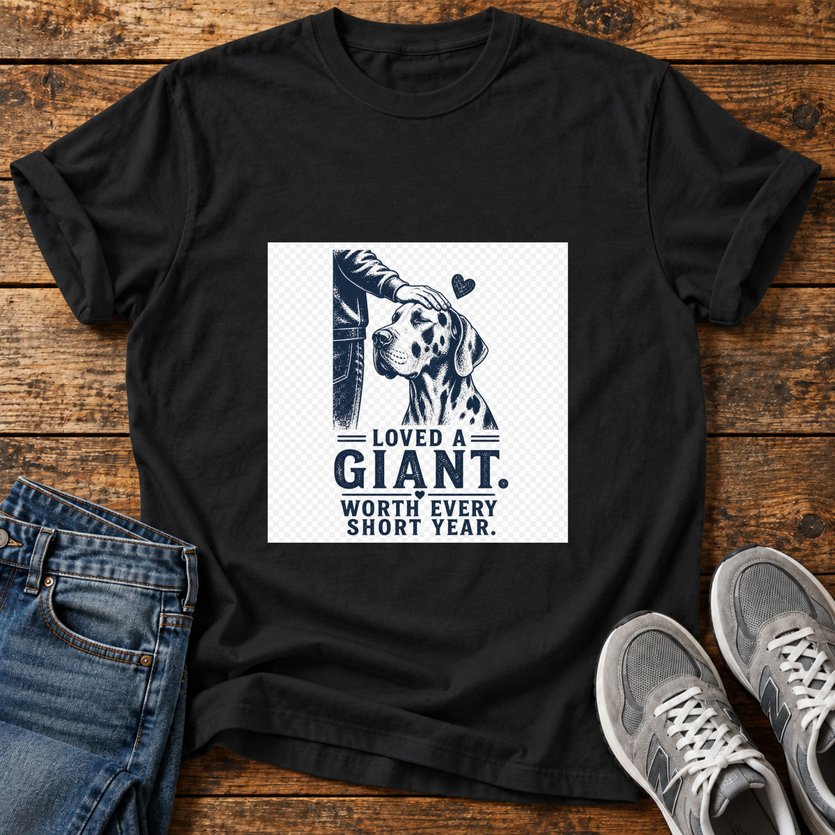Loved A Giant Great Dane graphic T-shirt in Black, shown on a flat-lay shirt mockup