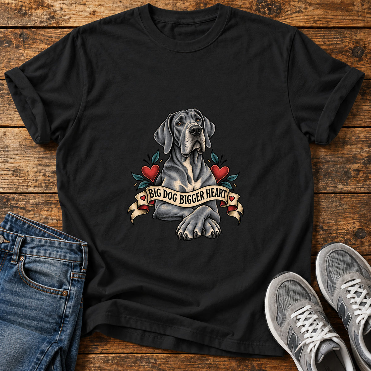 Big Dog Heart Great Dane graphic T-shirt in Black, shown on a flat-lay shirt mockup