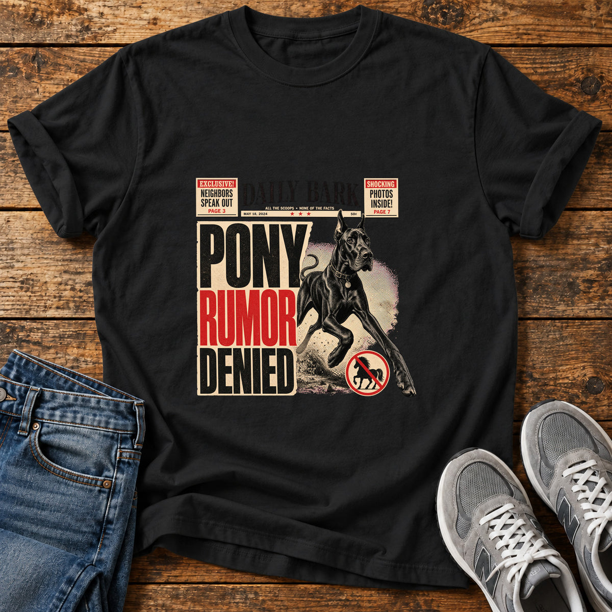 Pony Rumor Great Dane graphic T-shirt in Black, shown on a flat-lay shirt mockup