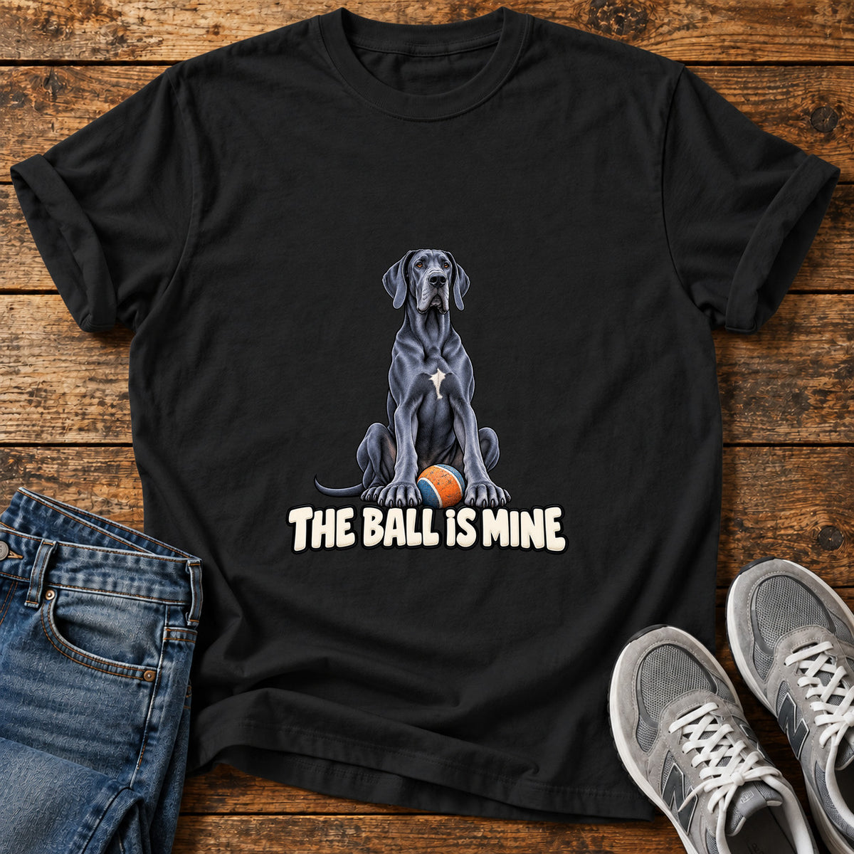 The Ball Is Great Dane graphic T-shirt in Black, shown on a flat-lay shirt mockup