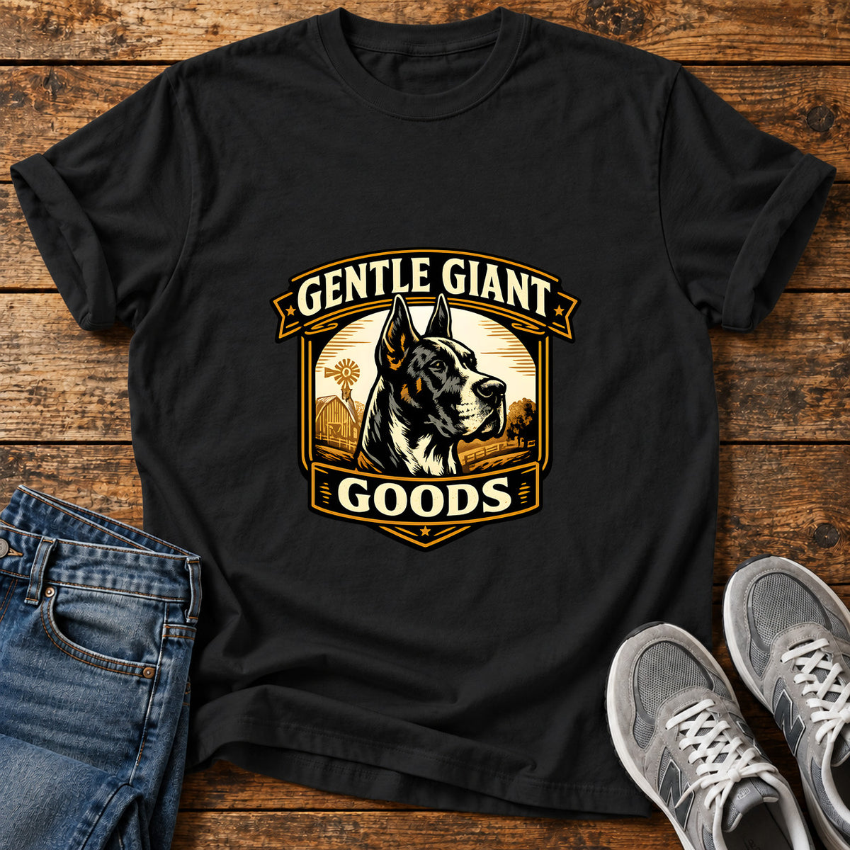 Gentle Giant Goods Great Dane graphic T-shirt in Black, shown on a flat-lay shirt mockup