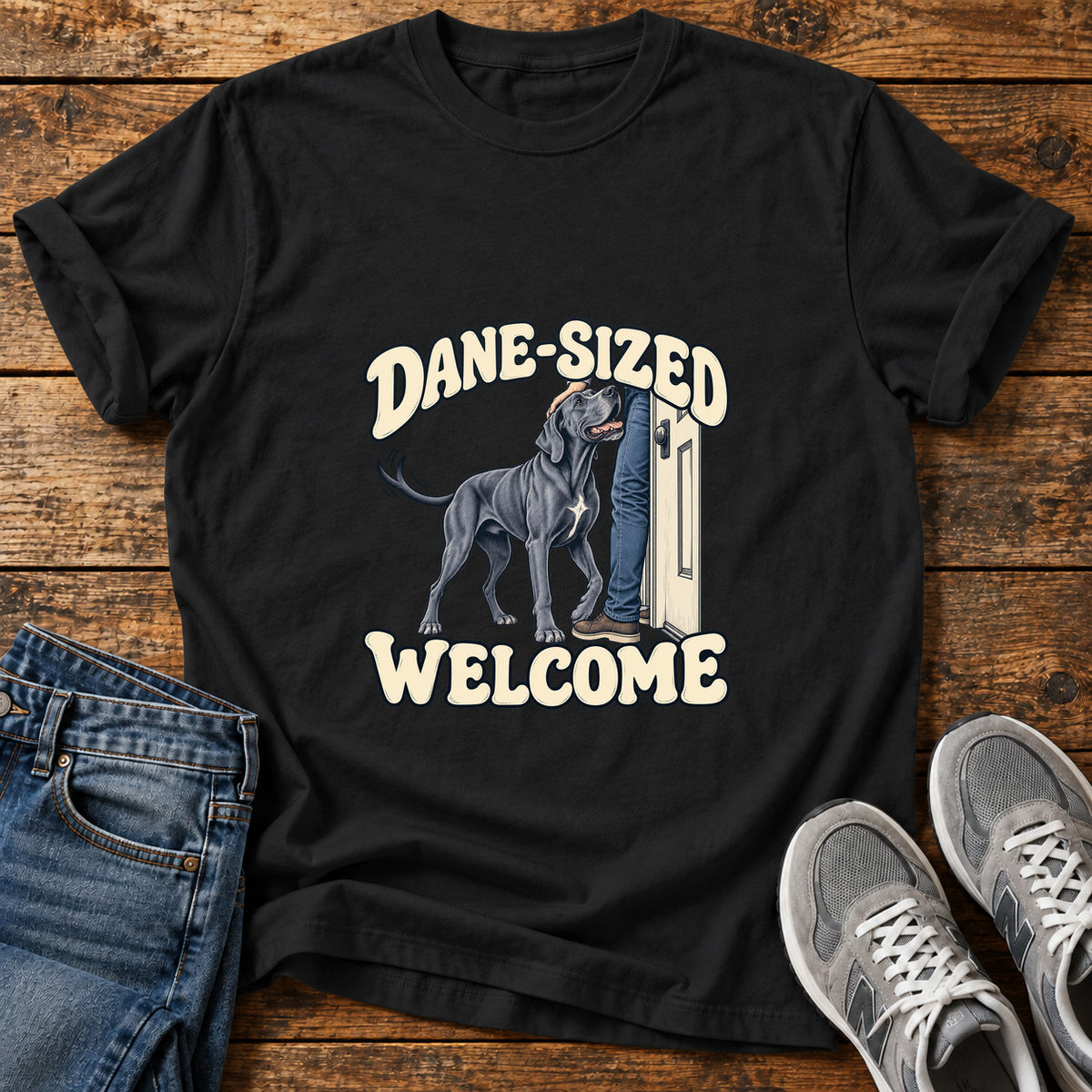 Dane-Sized Welcome Great Dane graphic T-shirt in Black, shown on a flat-lay shirt mockup