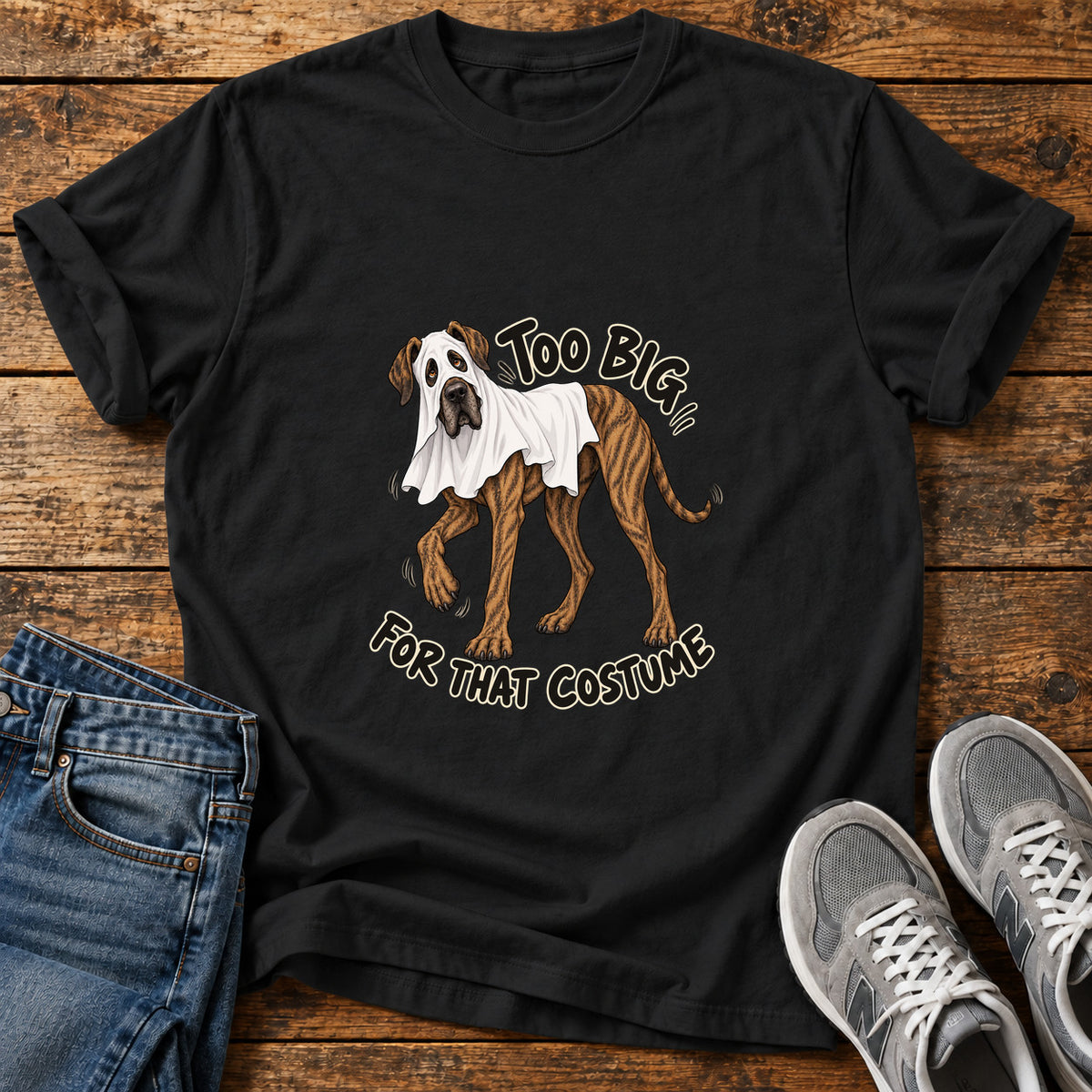 Too Big Costume Great Dane graphic T-shirt in Black, shown on a flat-lay shirt mockup