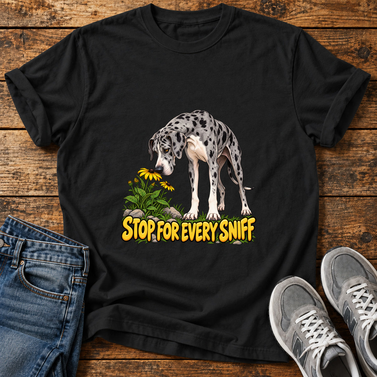 Stop Sniffing Time Great Dane graphic T-shirt in Black, shown on a flat-lay shirt mockup