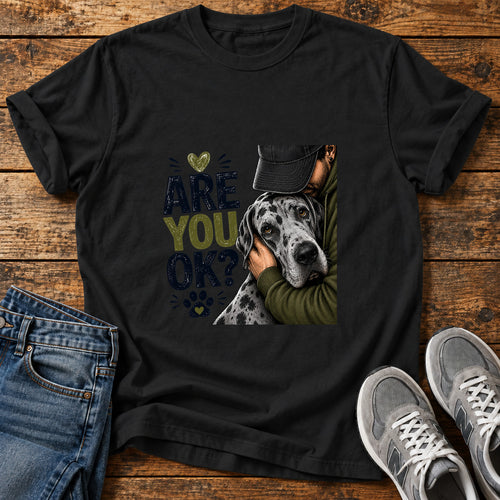Are You OK Great Dane graphic T-shirt in Black, shown on a flat-lay shirt mockup
