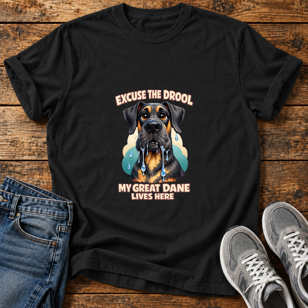 Excuse The Drool Great Dane graphic T-shirt in Black, shown on a flat-lay shirt mockup