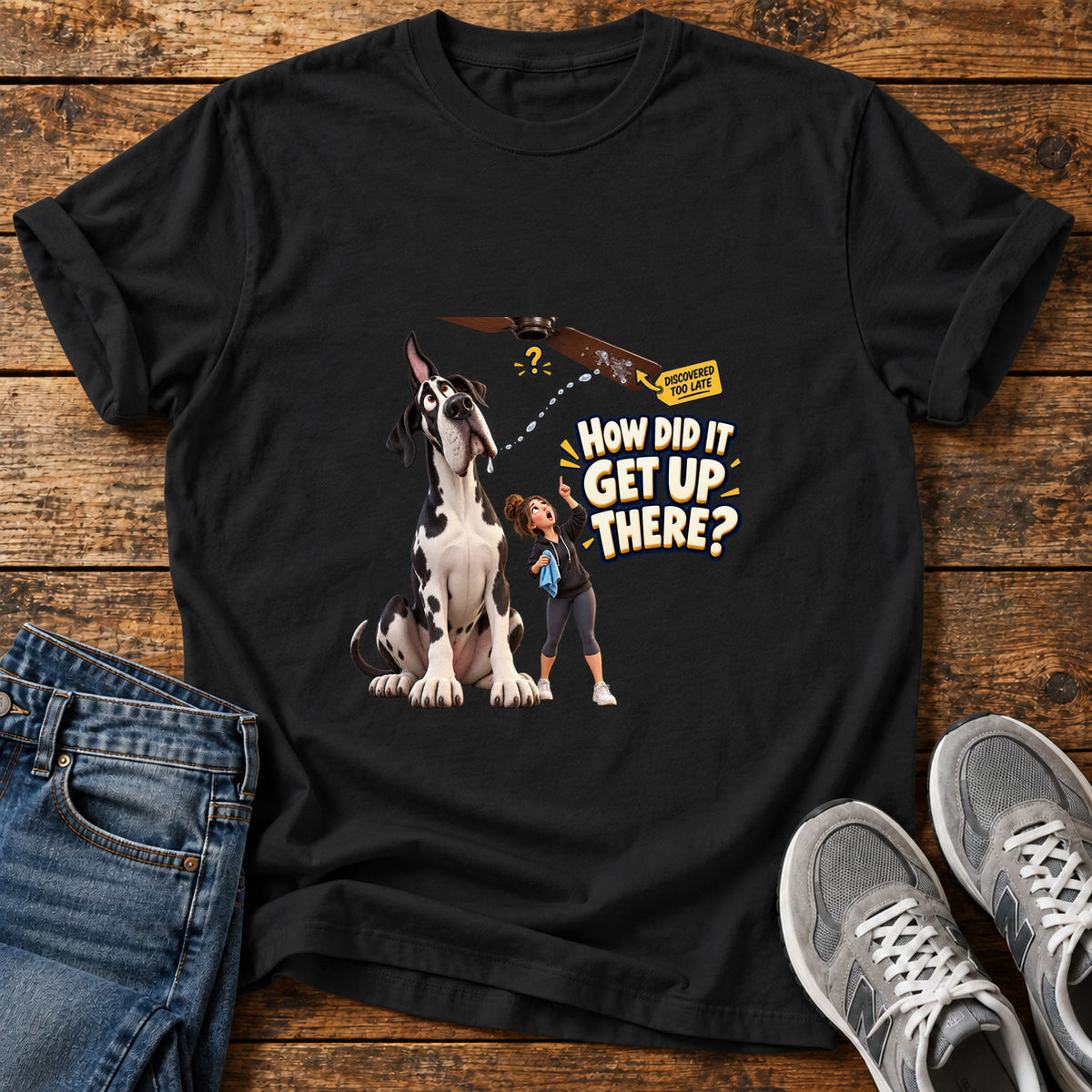 How Did It Great Dane graphic T-shirt in Black, shown on a flat-lay shirt mockup