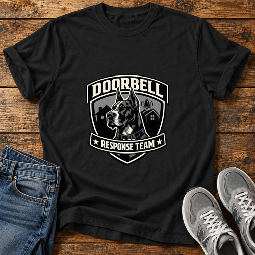 Doorbell Response Great Dane graphic T-shirt in Black, shown on a flat-lay shirt mockup