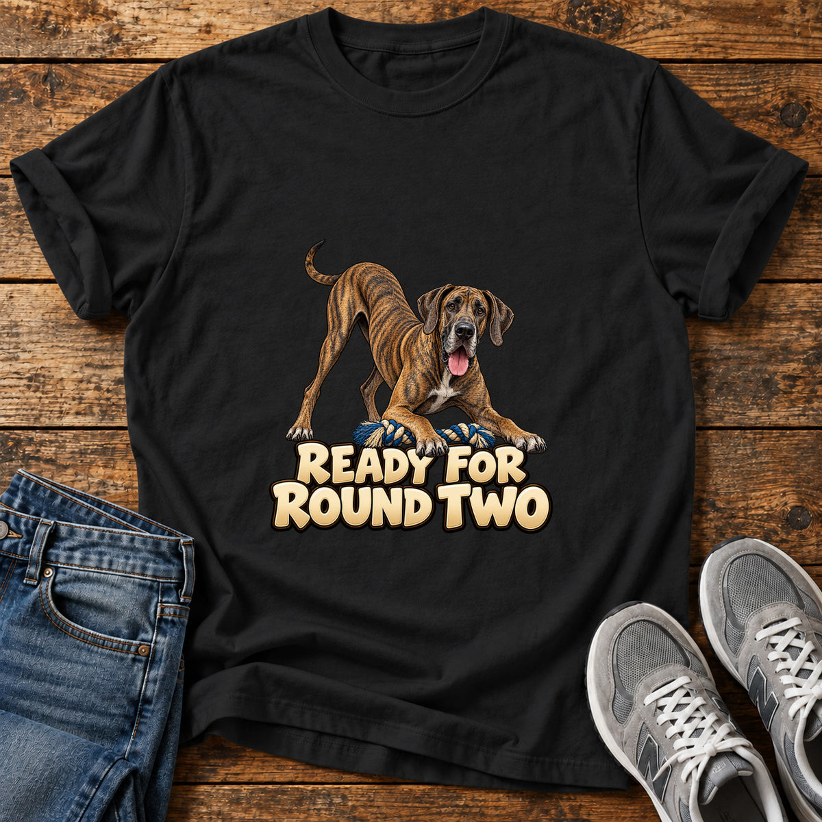 Ready For Round Great Dane graphic T-shirt in Black, shown on a flat-lay shirt mockup