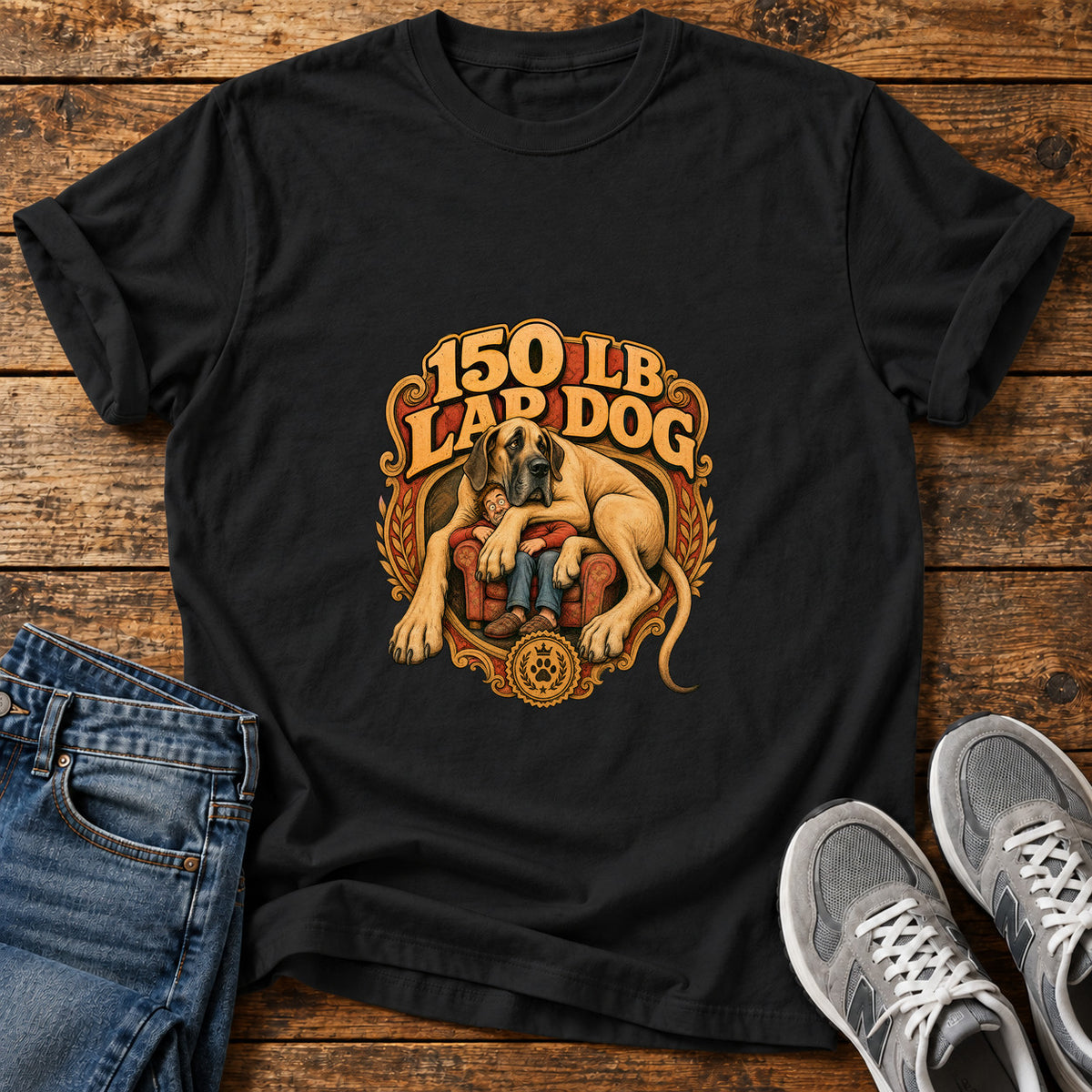 150 Lb Lapdog Great Dane graphic T-shirt in Black, shown on a flat-lay shirt mockup