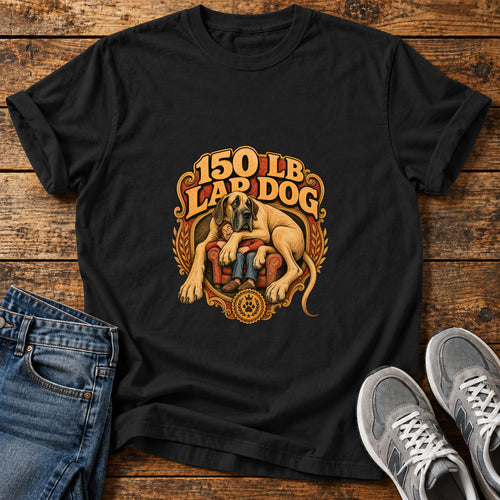 150 Lb Lapdog Great Dane graphic T-shirt in Black, shown on a flat-lay shirt mockup