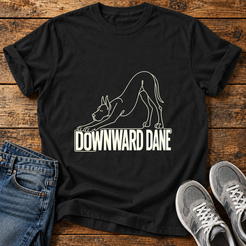 Downward Dane Great Dane graphic T-shirt in Black, shown on a flat-lay shirt mockup