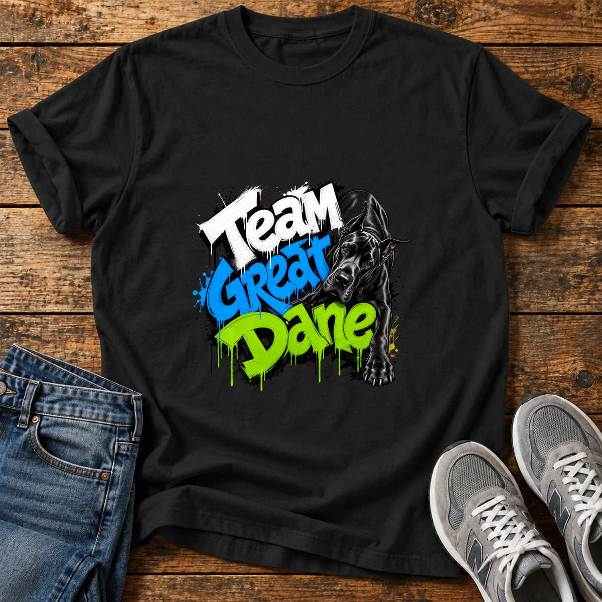 Team Great Dane graphic T-shirt in Black, shown on a flat-lay shirt mockup