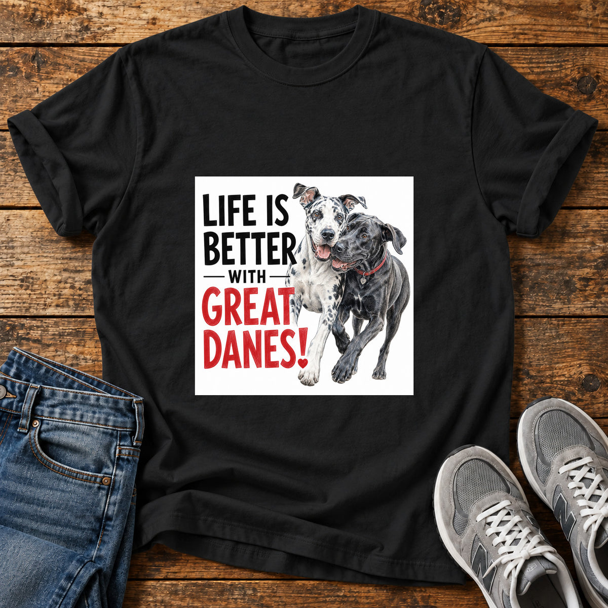 Great Danes Life graphic T-shirt in Black, shown on a flat-lay shirt mockup