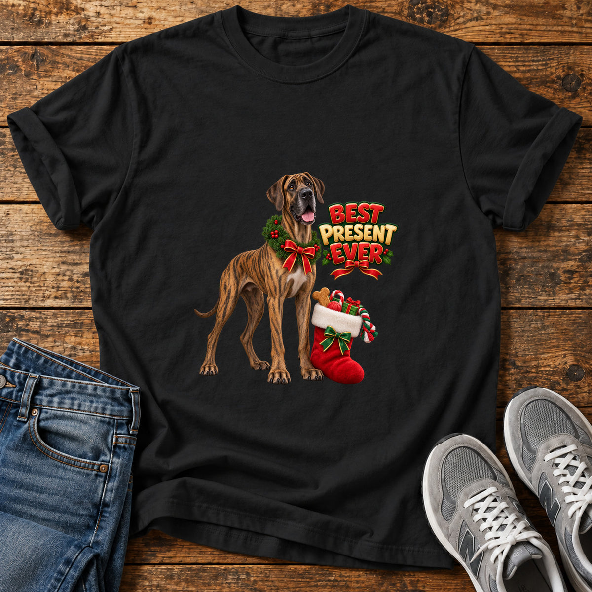 Best Present Ever Great Dane graphic T-shirt in Black, shown on a flat-lay shirt mockup