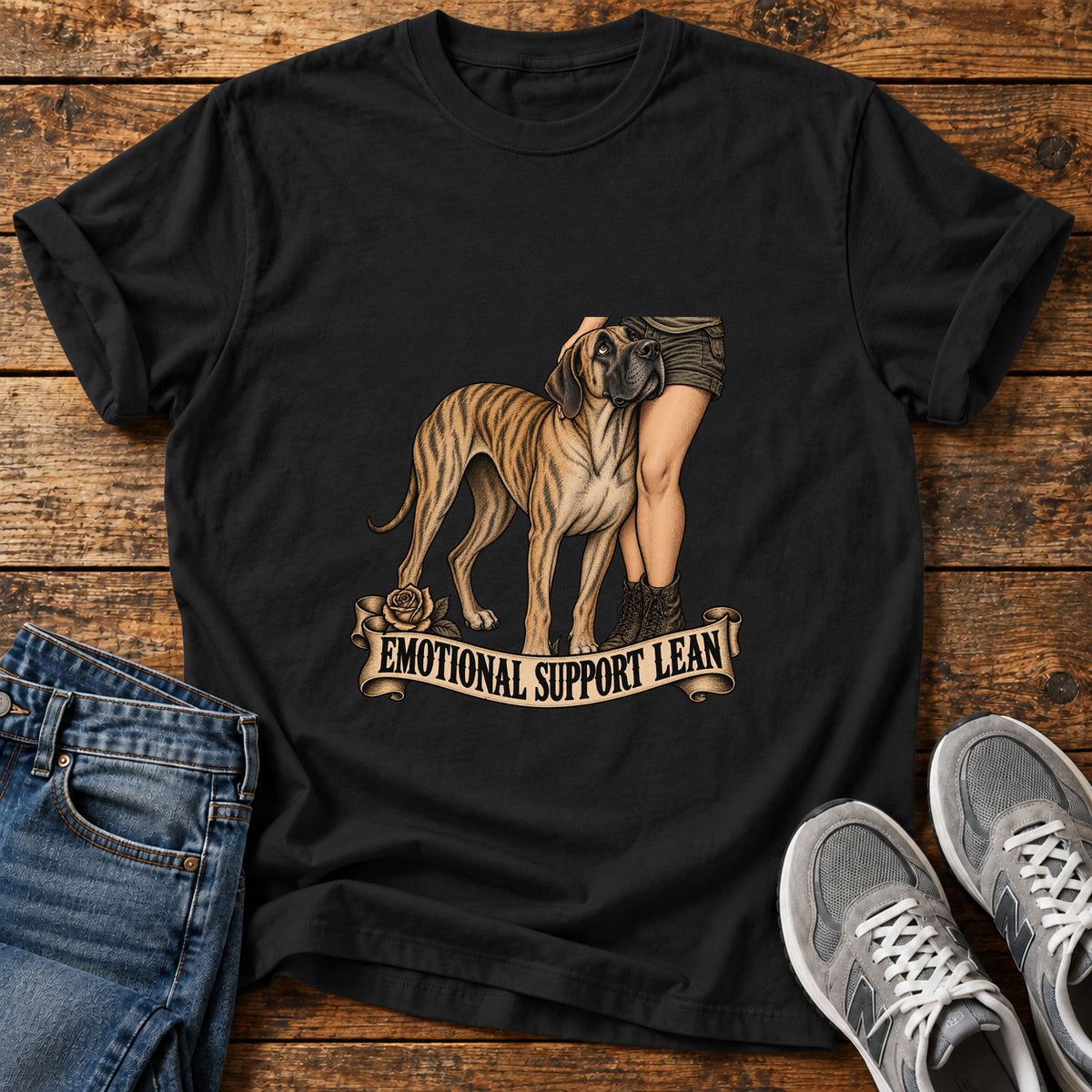 Emotional Support Lean Great Dane graphic T-shirt in Black, shown on a flat-lay shirt mockup