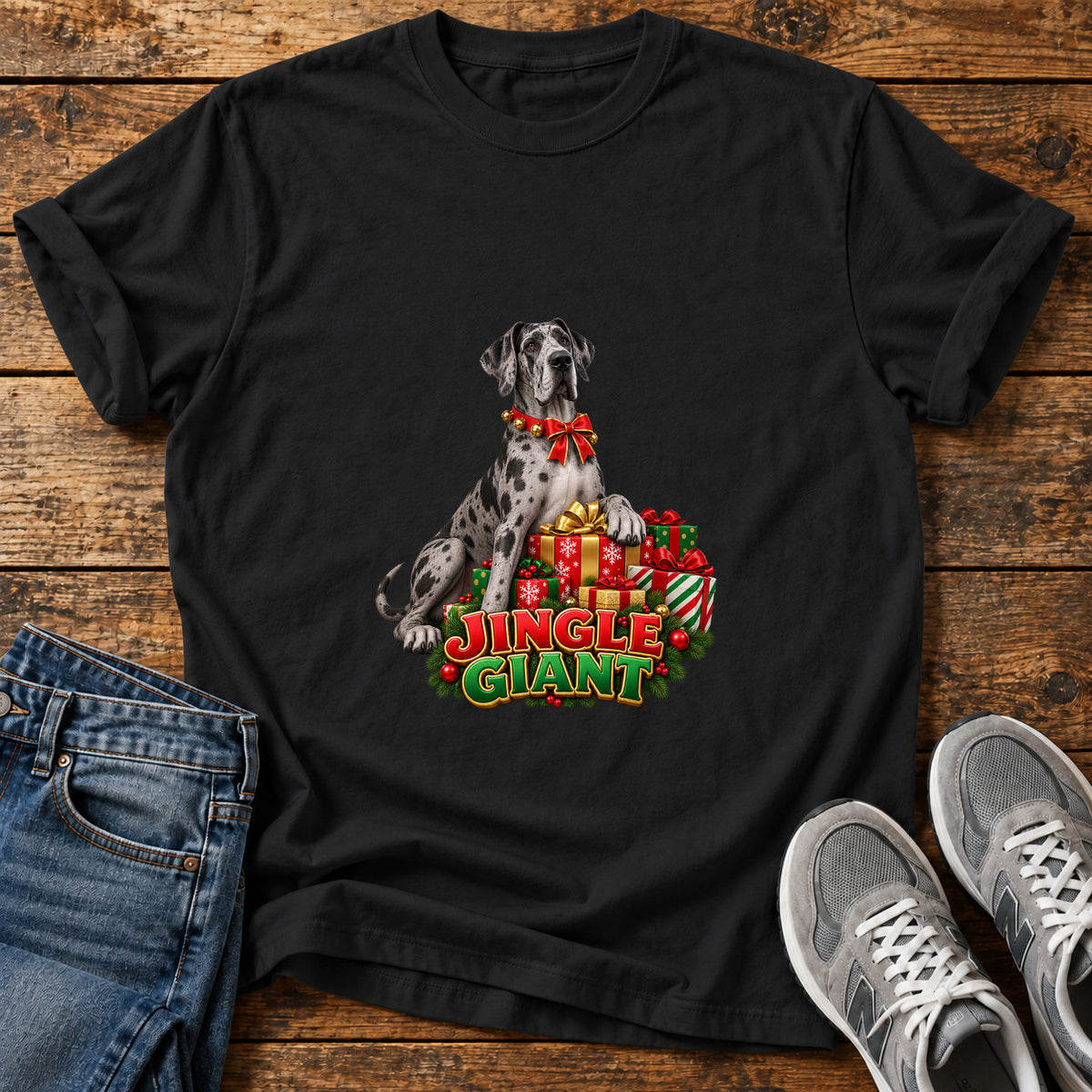 Jingle Giant Great Dane graphic T-shirt in Black, shown on a flat-lay shirt mockup