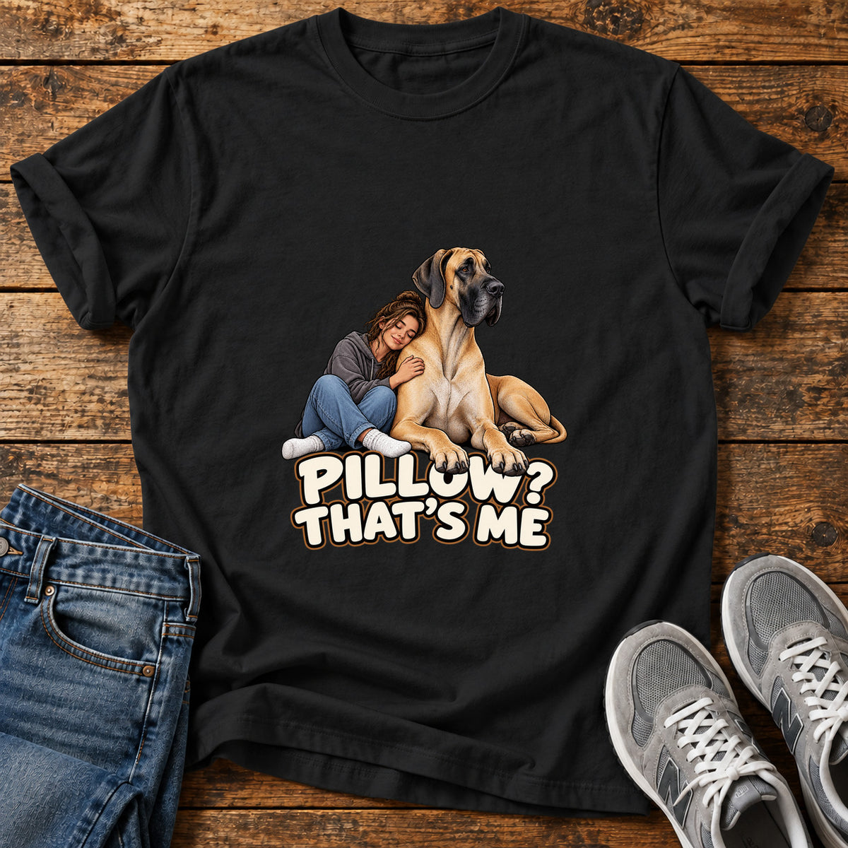 Pillow That's Me Great Dane graphic T-shirt in Black, shown on a flat-lay shirt mockup