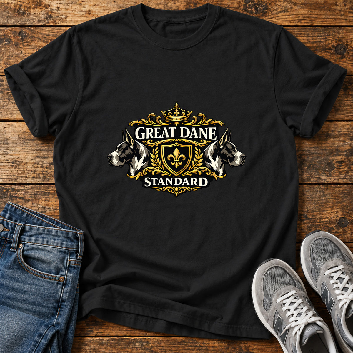 Great Dane Standard graphic T-shirt in Black, shown on a flat-lay shirt mockup