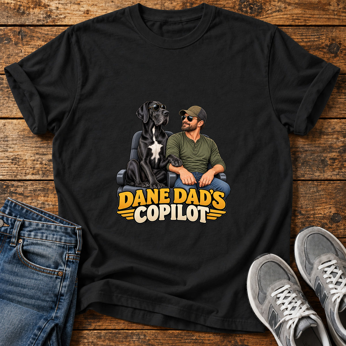 Dane Copilot Great Dane graphic T-shirt in Black, shown on a flat-lay shirt mockup