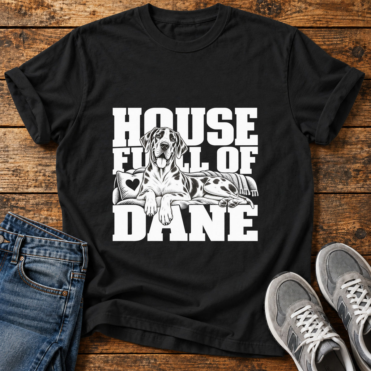 House Full Great Dane graphic T-shirt in Black, shown on a flat-lay shirt mockup