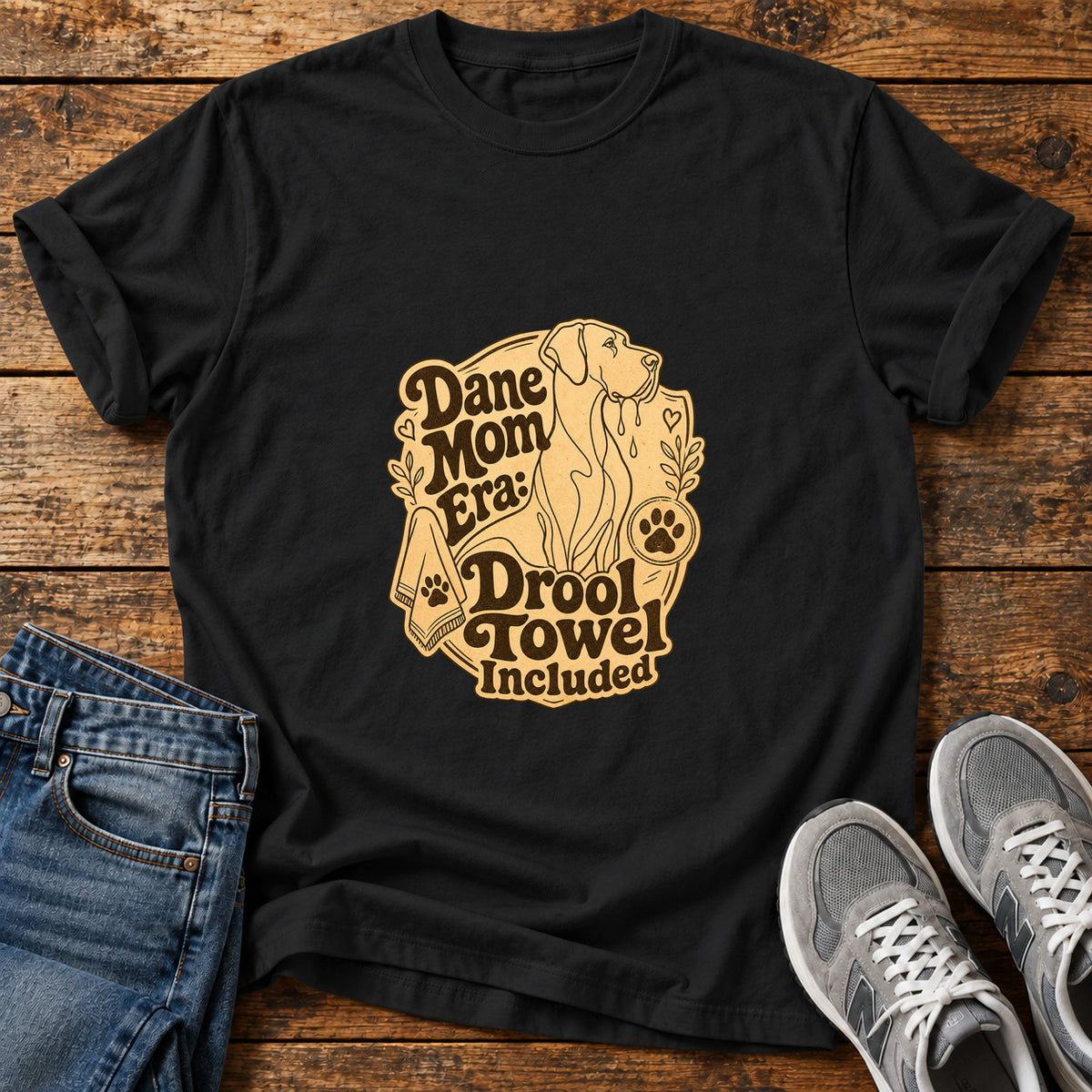 Dane Mom Era Great Dane graphic T-shirt in Black, shown on a flat-lay shirt mockup