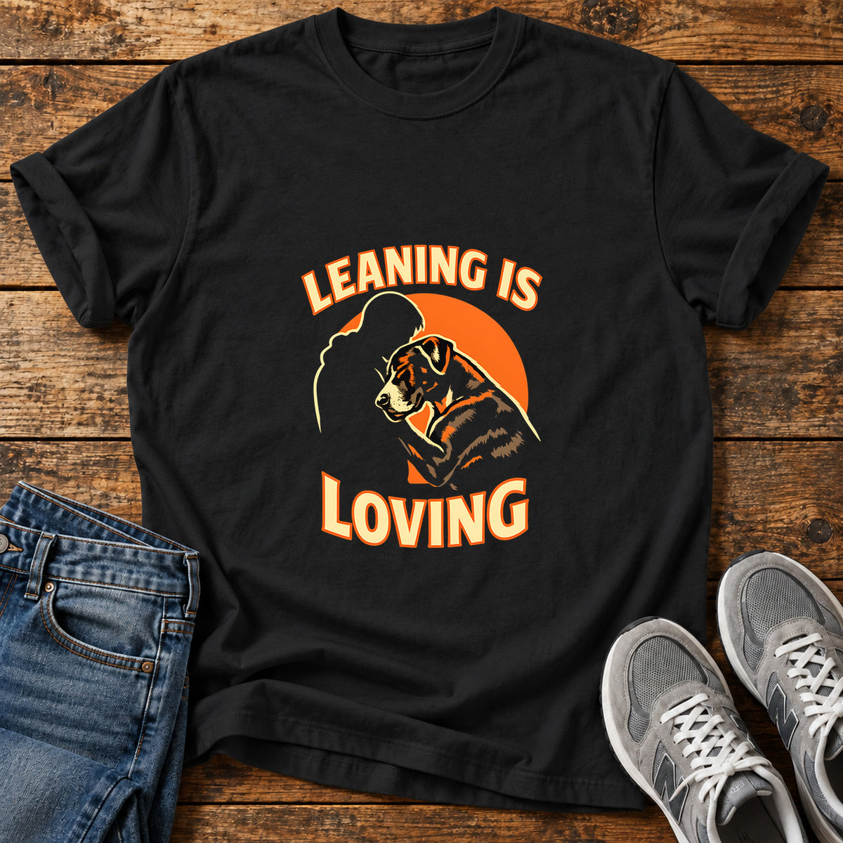 Leaning Is Loving Great Dane graphic T-shirt in Black, shown on a flat-lay shirt mockup