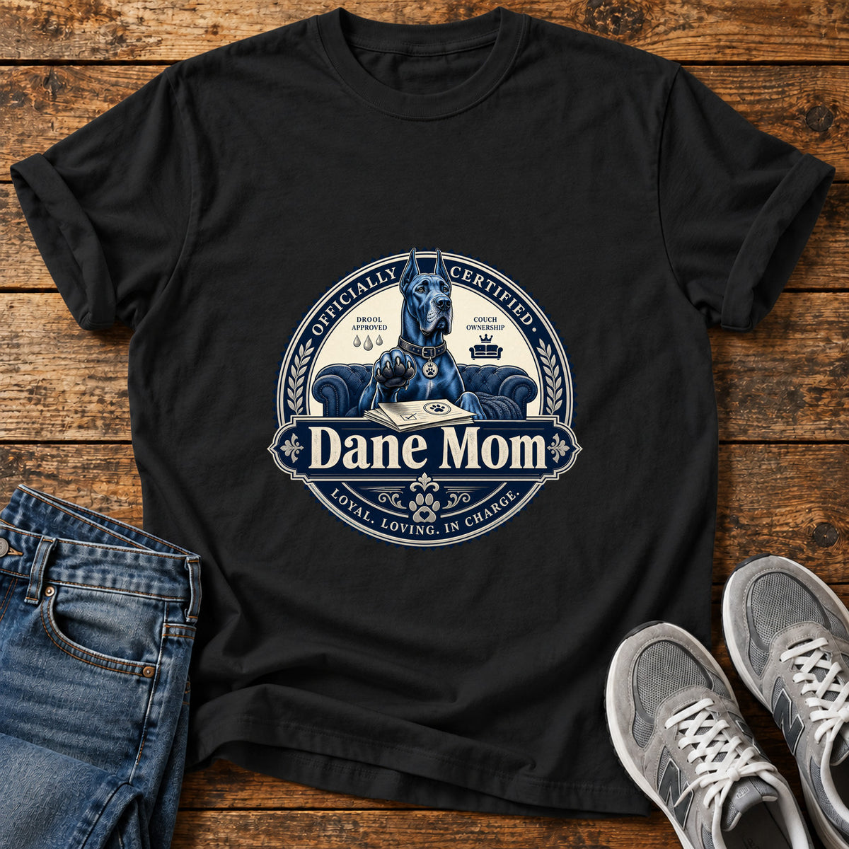Dane Mom Great Dane graphic T-shirt in Black, shown on a flat-lay shirt mockup