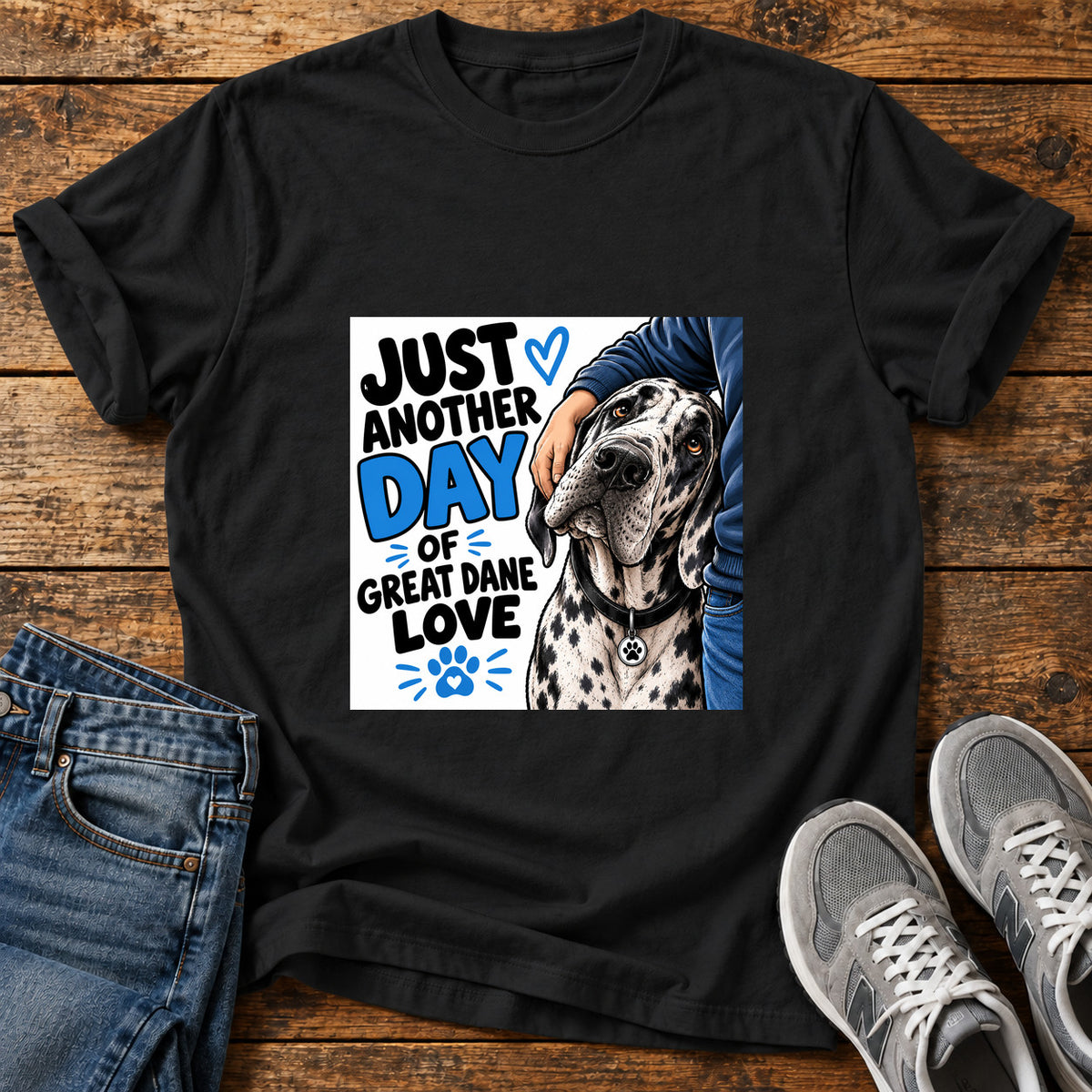 Great Dane Love graphic T-shirt in Black, shown on a flat-lay shirt mockup