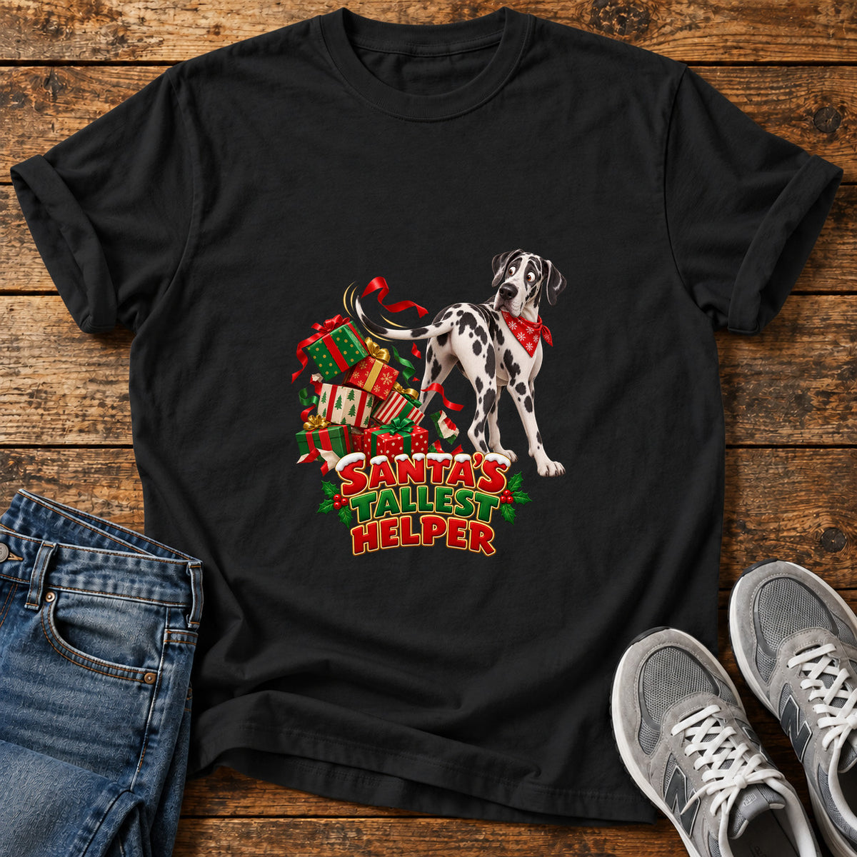 Santa's Tallest Helper Great Dane graphic T-shirt in Black, shown on a flat-lay shirt mockup