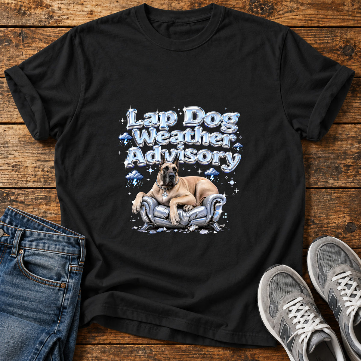 Lap Dog Advisory Great Dane graphic T-shirt in Black, shown on a flat-lay shirt mockup