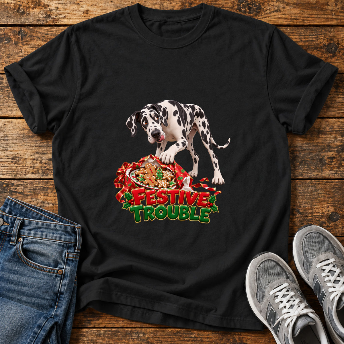 Festive Trouble Great Dane graphic T-shirt in Black, shown on a flat-lay shirt mockup