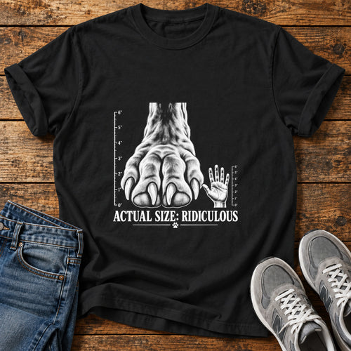 Actual Size Ridiculous Great Dane graphic T-shirt in Black, shown on a flat-lay shirt mockup