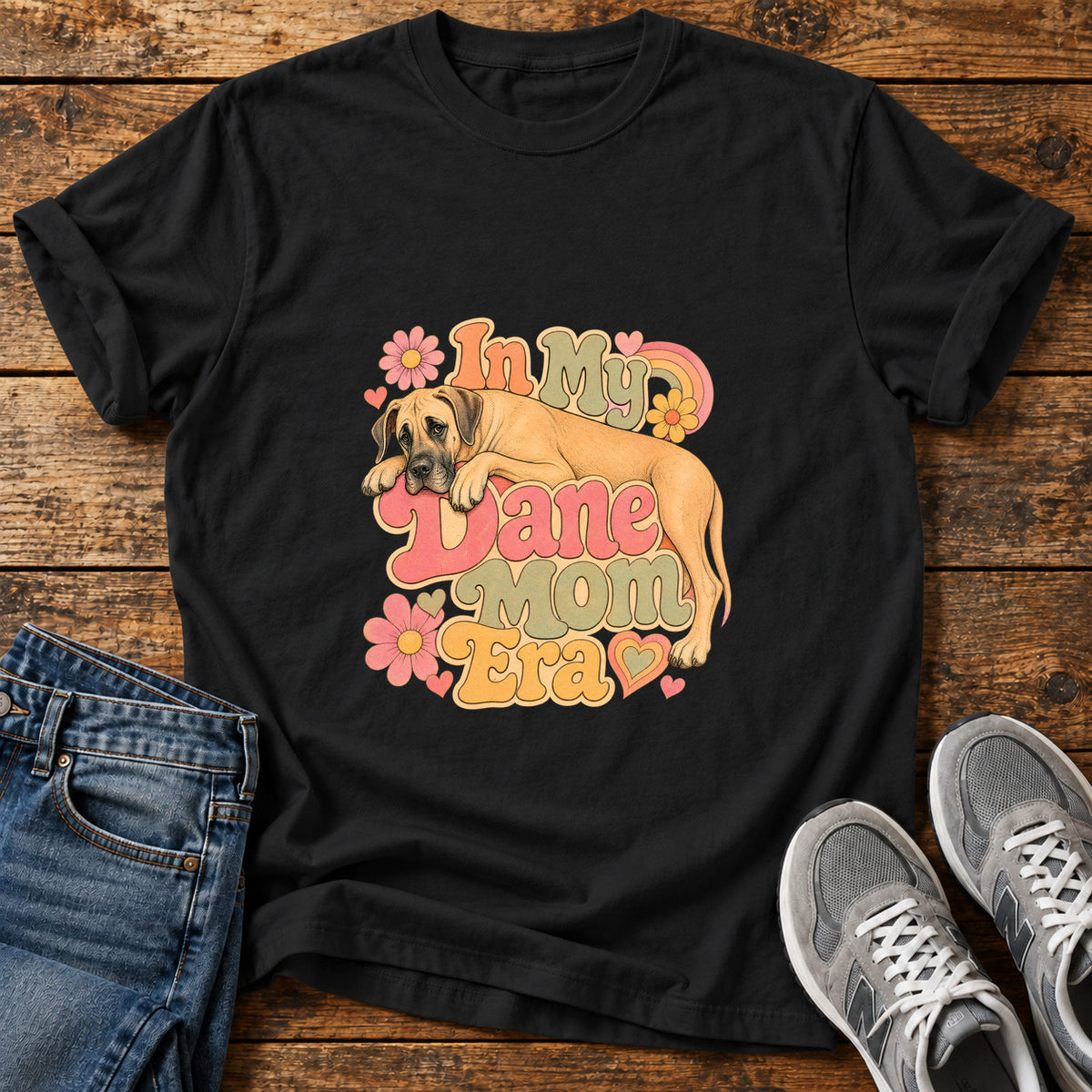 Dane Mom Era Great Dane graphic T-shirt in Black, shown on a flat-lay shirt mockup