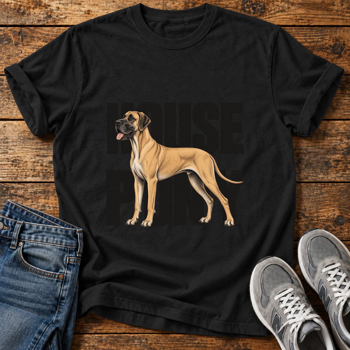 House Pony Great Dane graphic T-shirt in Black, shown on a flat-lay shirt mockup