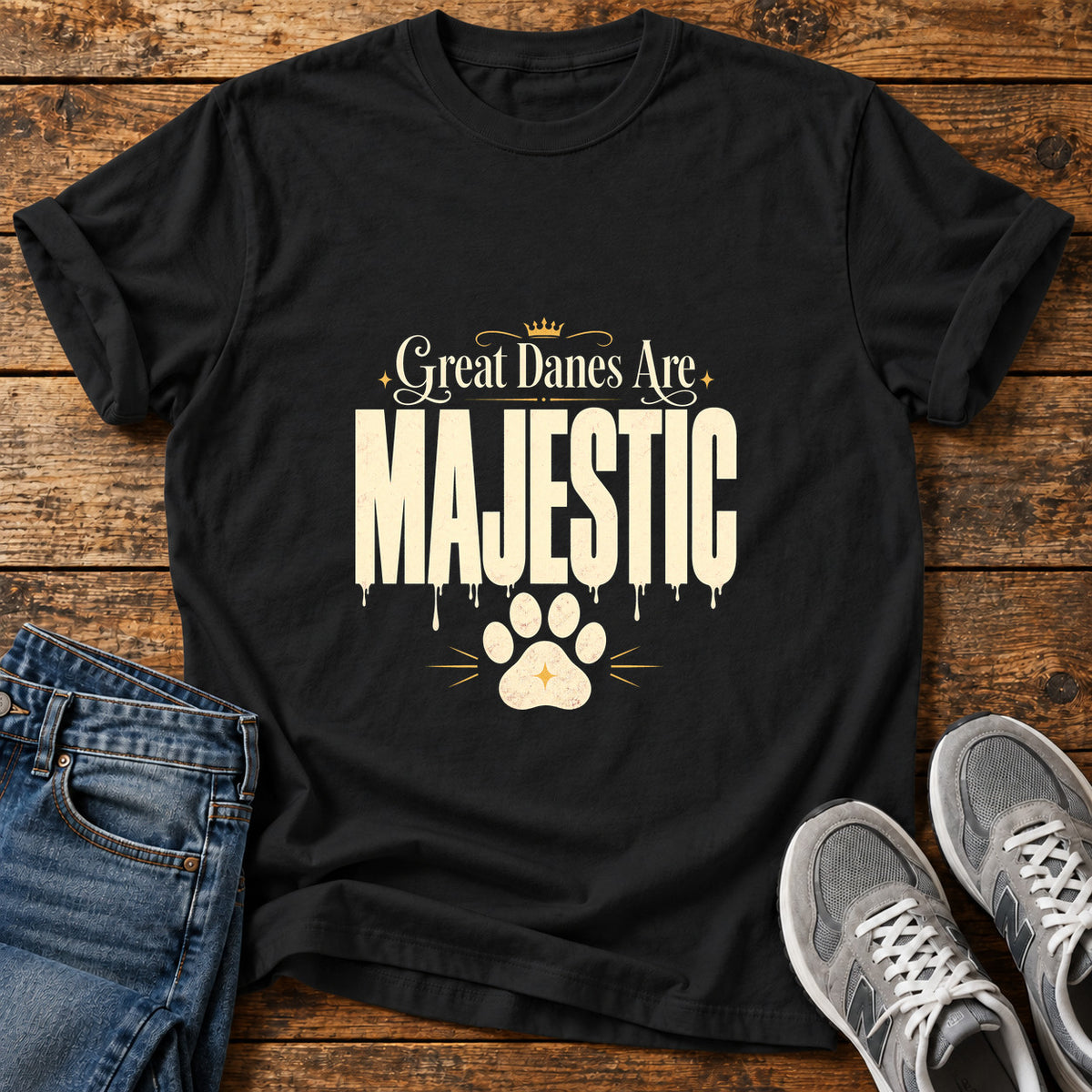 Majestic Danes Great Dane graphic T-shirt in Black, shown on a flat-lay shirt mockup