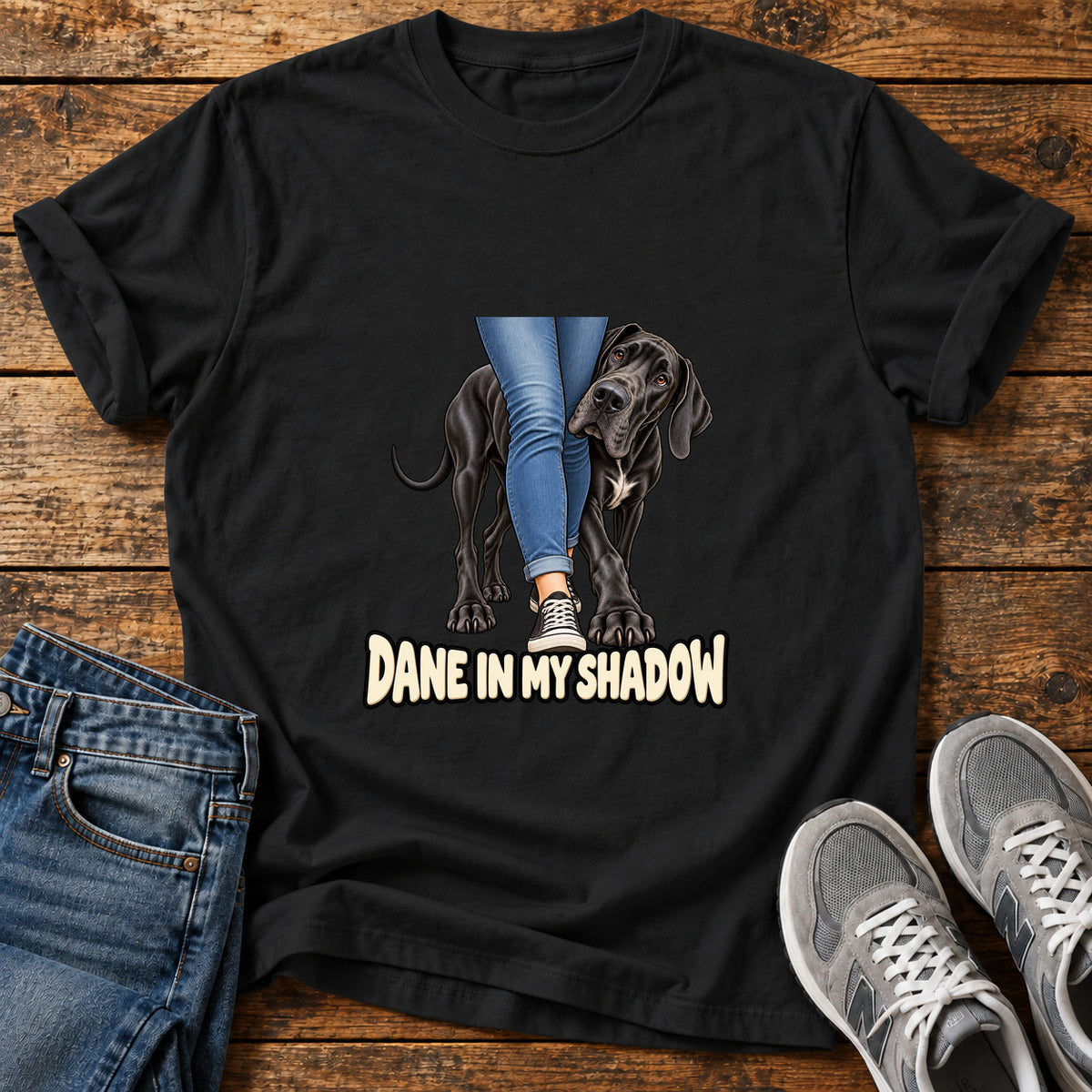 Dane In Shadow Great Dane graphic T-shirt in Black, shown on a flat-lay shirt mockup