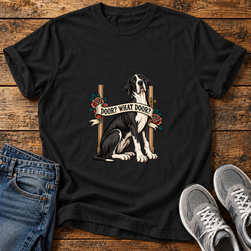 Door What Door Great Dane graphic T-shirt in Black, shown on a flat-lay shirt mockup