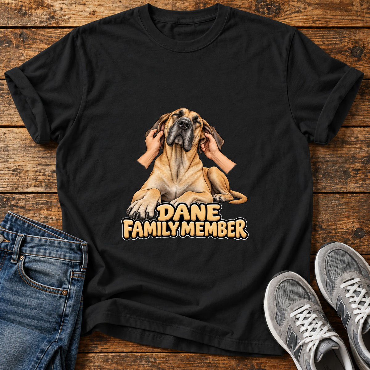 Dane Family Member Great Dane graphic T-shirt in Black, shown on a flat-lay shirt mockup