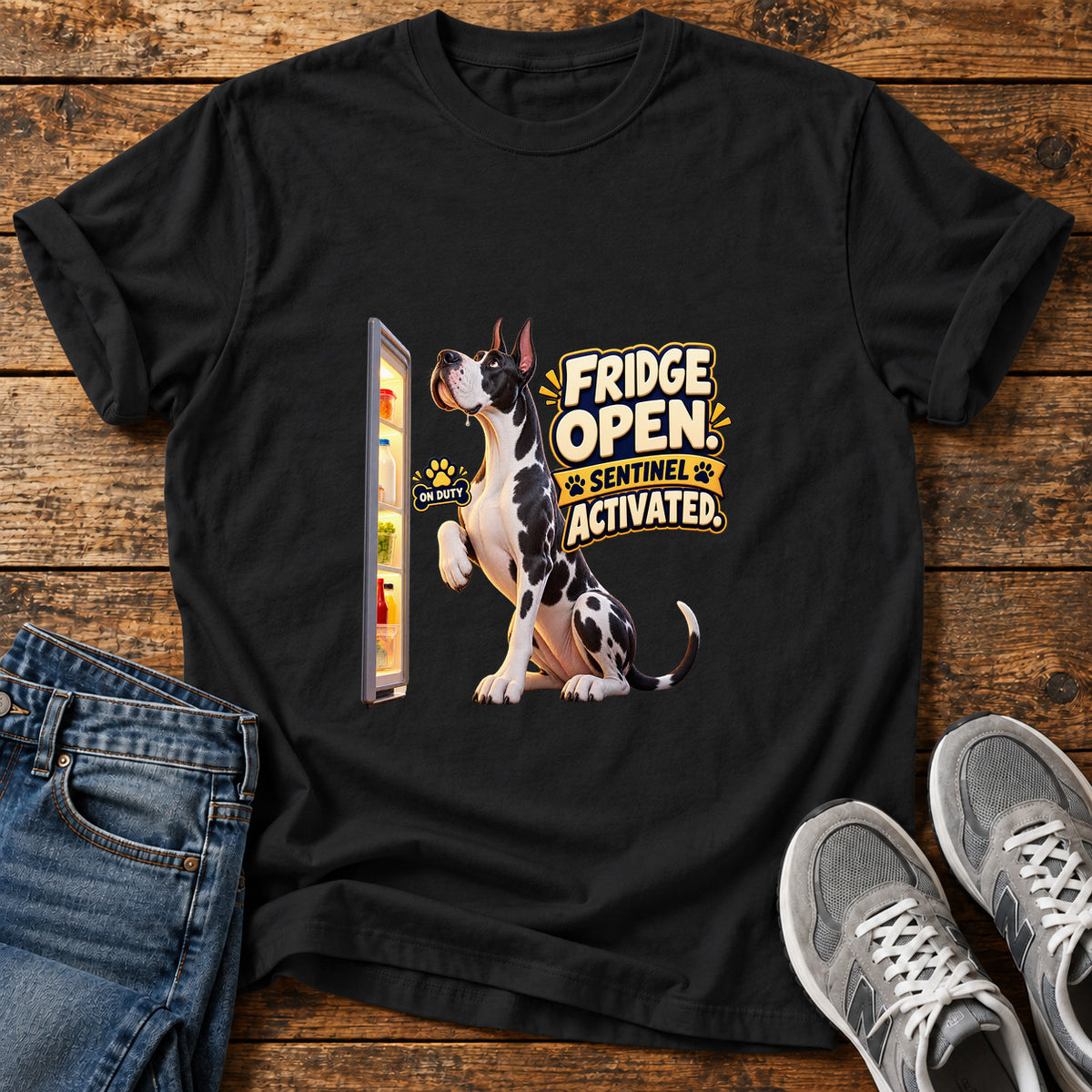 Fridge Sentinel Great Dane graphic T-shirt in Black, shown on a flat-lay shirt mockup