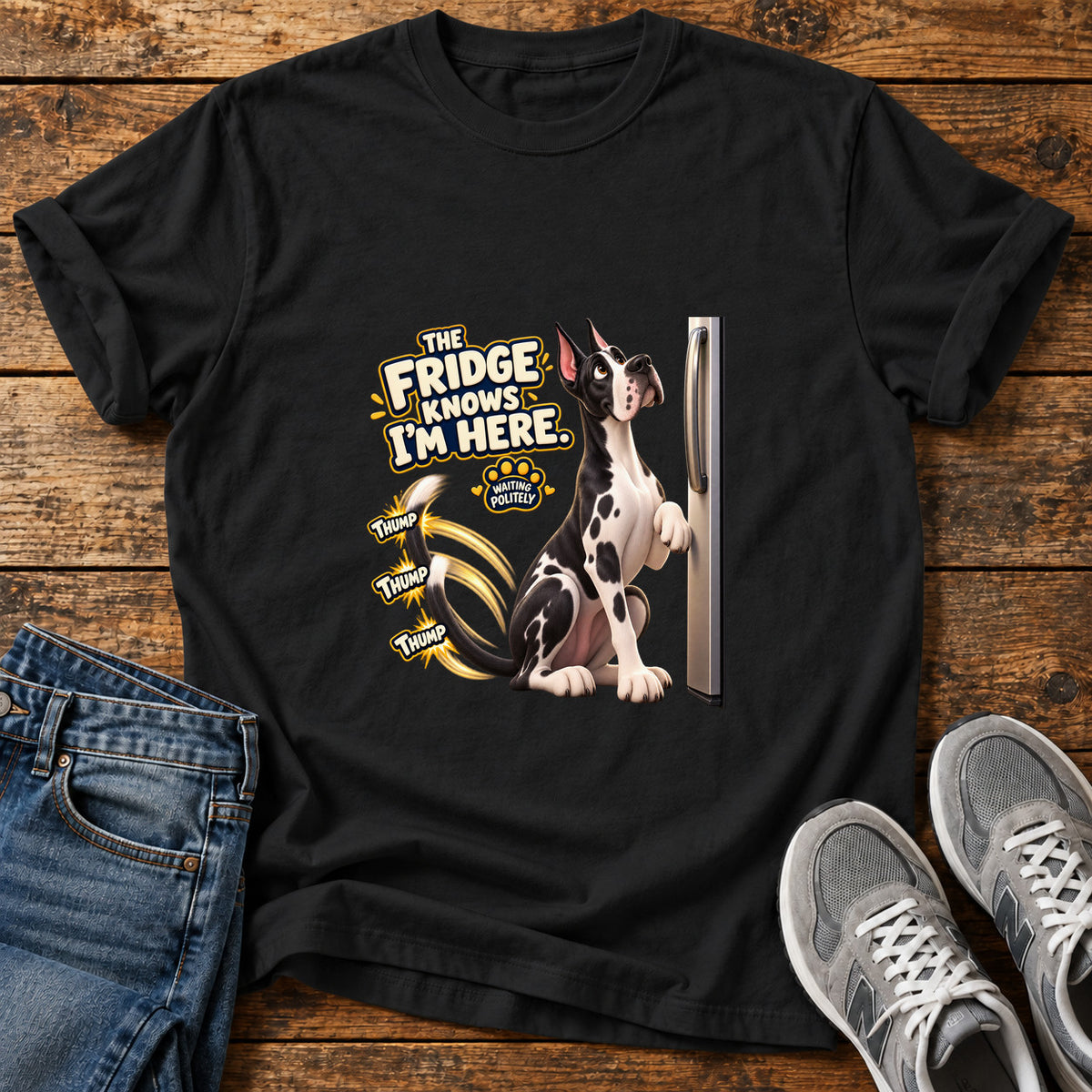 Fridge Knows Great Dane graphic T-shirt in Black, shown on a flat-lay shirt mockup