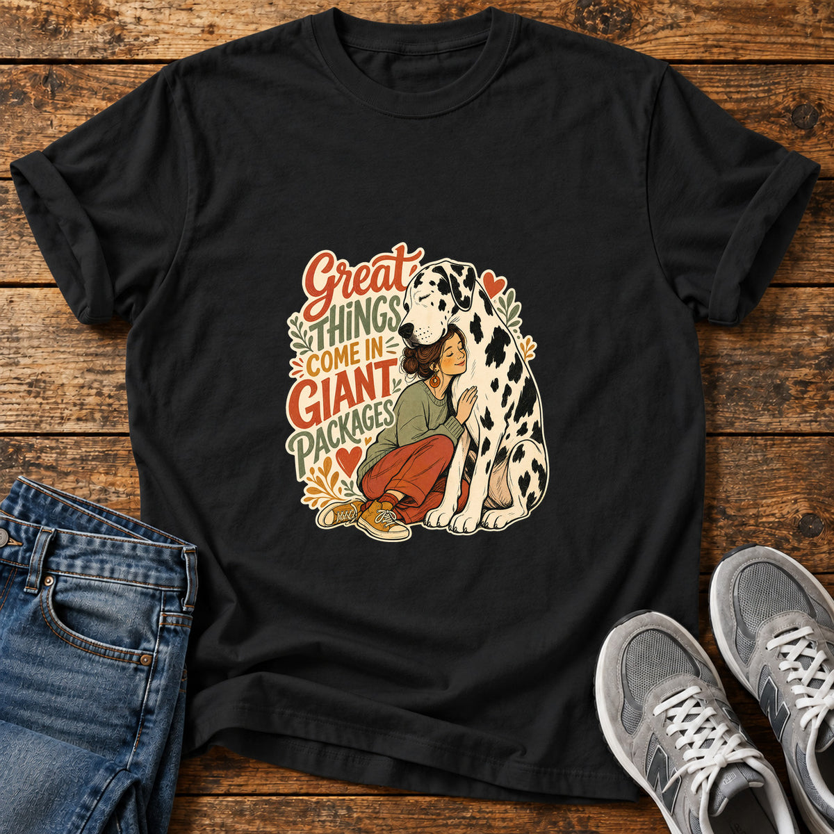 Giant Packages Great Dane graphic T-shirt in Black, shown on a flat-lay shirt mockup