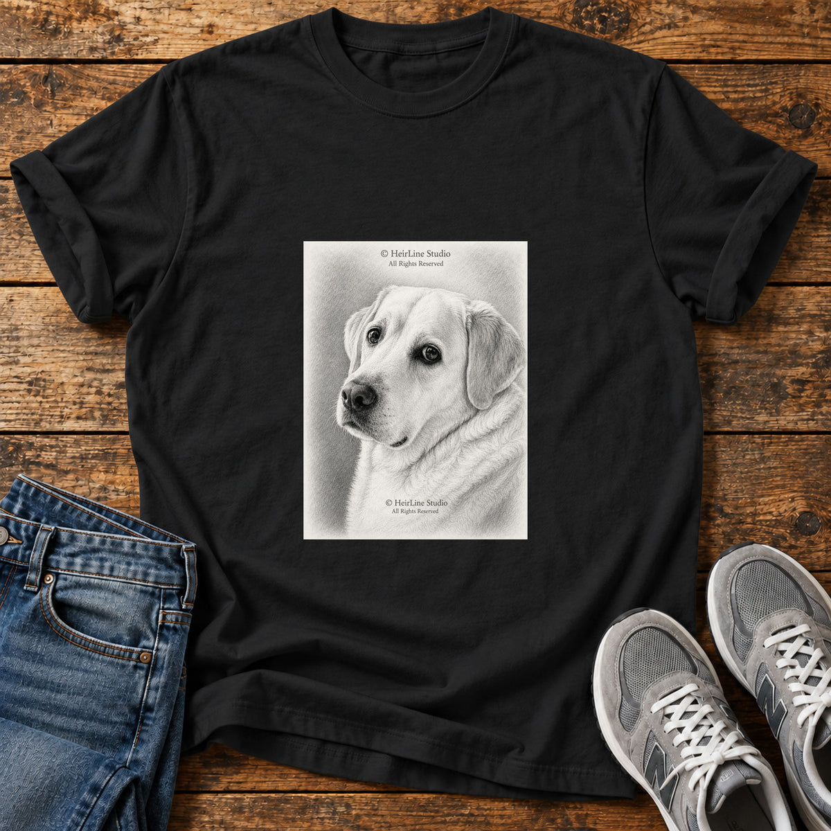 Gentle Lab Great Dane graphic T-shirt in Black, shown on a flat-lay shirt mockup